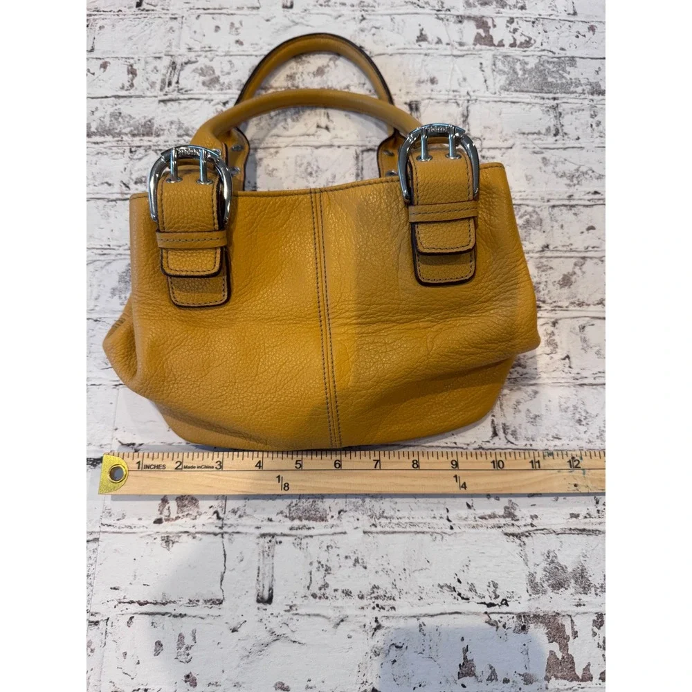 Tignanello Mustard Yellow Pebbled Leather Satchel Buckle Handbag Silver Hardware